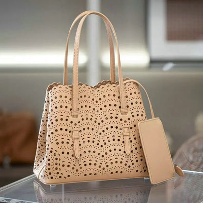 Brand Designer Luxury High Quality Mini Cowhide Shoulder Handbags 2025 Hollow Fashion Large Capacity Genuine Leather Bucket Bag