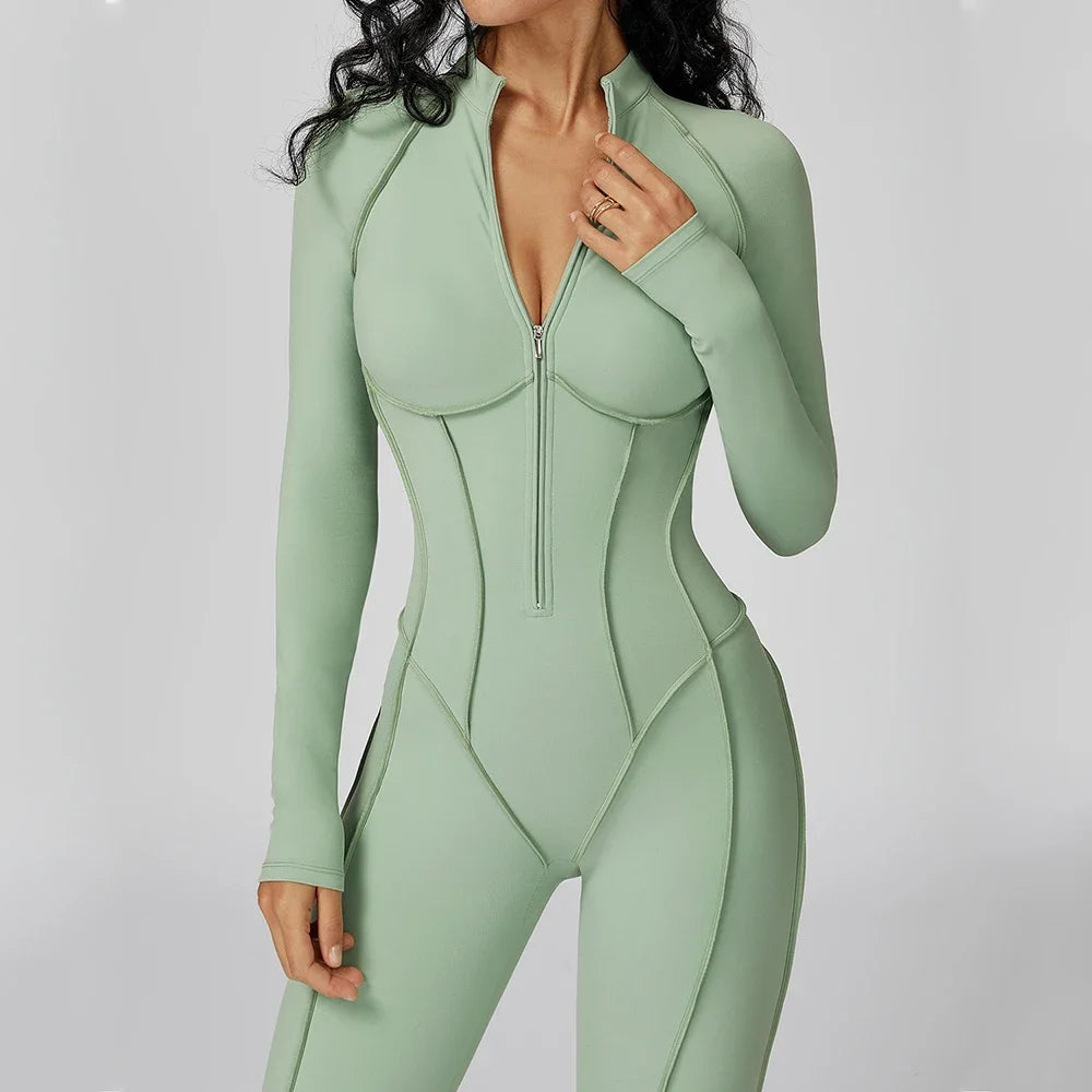 Women Yoga Bodysuit Long Sleeved Tracksuits Gym Zipper Jumpsuits Sports One Piece Workout Bodycon Jumpsuits Tights Suit