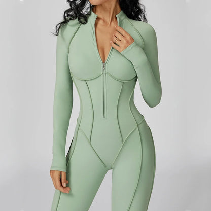 Women Yoga Bodysuit Long Sleeved Tracksuits Gym Zipper Jumpsuits Sports One Piece Workout Bodycon Jumpsuits Tights Suit