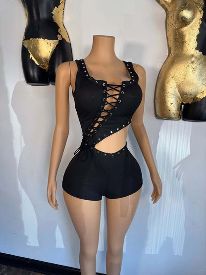 Y2k Sexy Rompers Women Outfit Hollow Out Laced Up Sleeveless Tight Bodycon Romper Ribbed One Piece Shorts Jumpsuit Playsuit