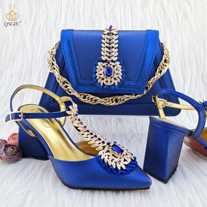 QSGFC Italian Popular Design Royal Blue Noble Three Dimensional Handbag Elegant High Heels African Ladies Shoe Bag Matching Set