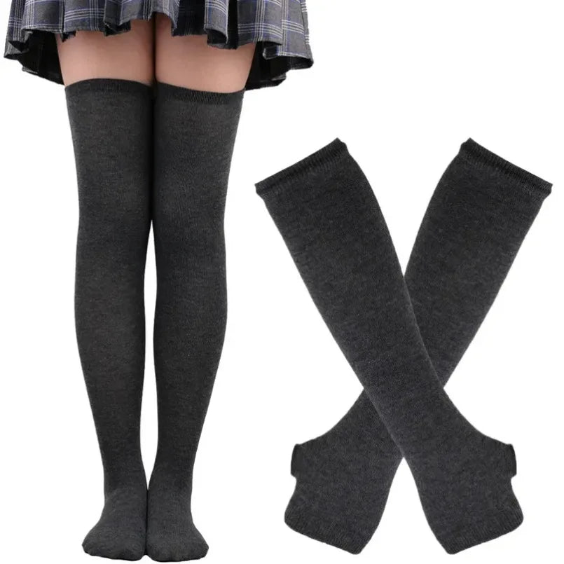 Long Over Above Knee Socks Womens mittens Arm Sleeve Gloves Set Striped Thigh High Stockings Ladies Girl Pink Black White Lolita