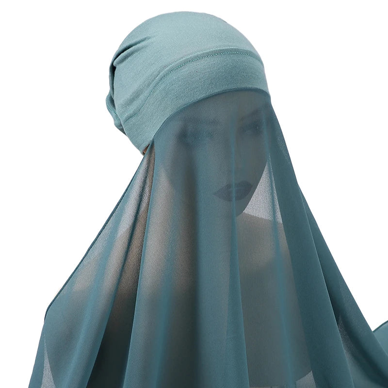 Muslim Women Bonnet + Chiffon Shawl Instant Under Scarf Cap Islam Inner Scarf Headband Stretch Hijab Cover Headwrap Turbante