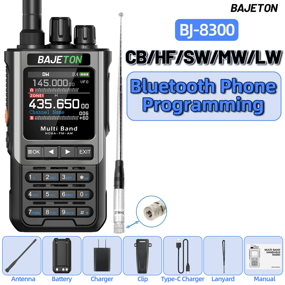 BAJETON BJ-8300 Walkie Talkie SW AM SSB CB Receive Wireless Bluetooth Phone Programming Station NOAA Two Way Radio RT-950PRO
