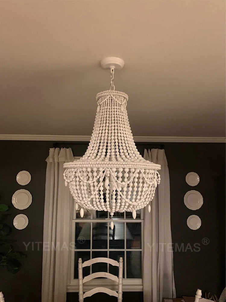 French Country white wood Bead Chandelier dining room bedroom princess Decorative chandelier 3/5 lights hanging light fixture