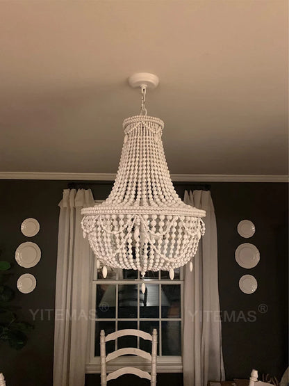 French Country white wood Bead Chandelier dining room bedroom princess Decorative chandelier 3/5 lights hanging light fixture