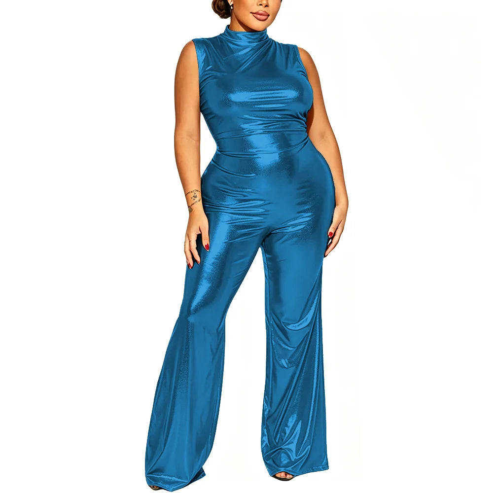 Plus Size Nightclub Wear Jumpsuit Shiny Metallic Sleeveless Women Elegant Jumpsuit Sexy Mock Neck Rompers Wide Leg Long Pants