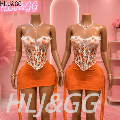 HLJ&GG Sweet Lace Flower Embroidery Corset Two Piece Sets Women Off Shoulder Bandage Slim Top And Tassel Mini Skirts Streetwear