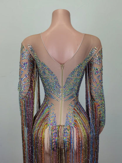 Fashion Rhinestone Tassel Rompers Women One Piece Jumpsuits Sexy Women Party Prom Stage Performance Dance Leotard Club Bodysuits