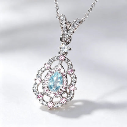 925 Sterling Silver Light Luxury Fashion Light Blue Zircon Micro-set Pink Diamond Water Drop Ladies Necklace