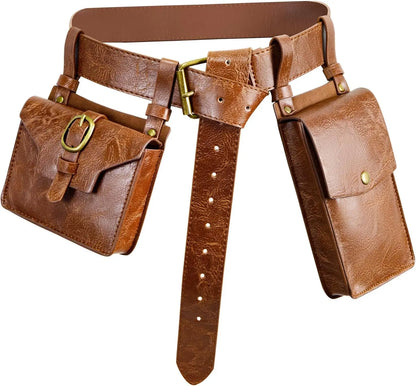 3pcs Medieval PU Leather Belt/Waist Pack Set for Men and Women, Steampunk Phone Clip, Viking Role Playing and Renaissance Activi