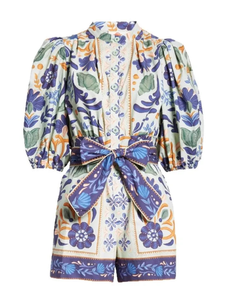 2025 Summer Fashion Jumpsuits New Women's Elegant Bohemian High Street Romper Printed Single Breasted Strap Streetwear Playsuits