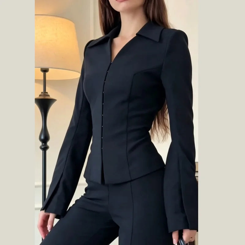 Womenn's 2 Piece Outfits Lapel Flare Long Sleeve Peplum Top High Waist Flared Pants Set Office Matching Suit Lady Cozy Wear Set