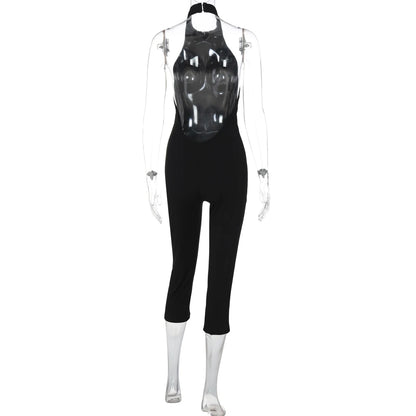 Dulzura Women'S Halter Sleeveless Backless Ribbed Single Breasted Jumpsuit Solid Sexy Casual Romper Party Club Street Clothes