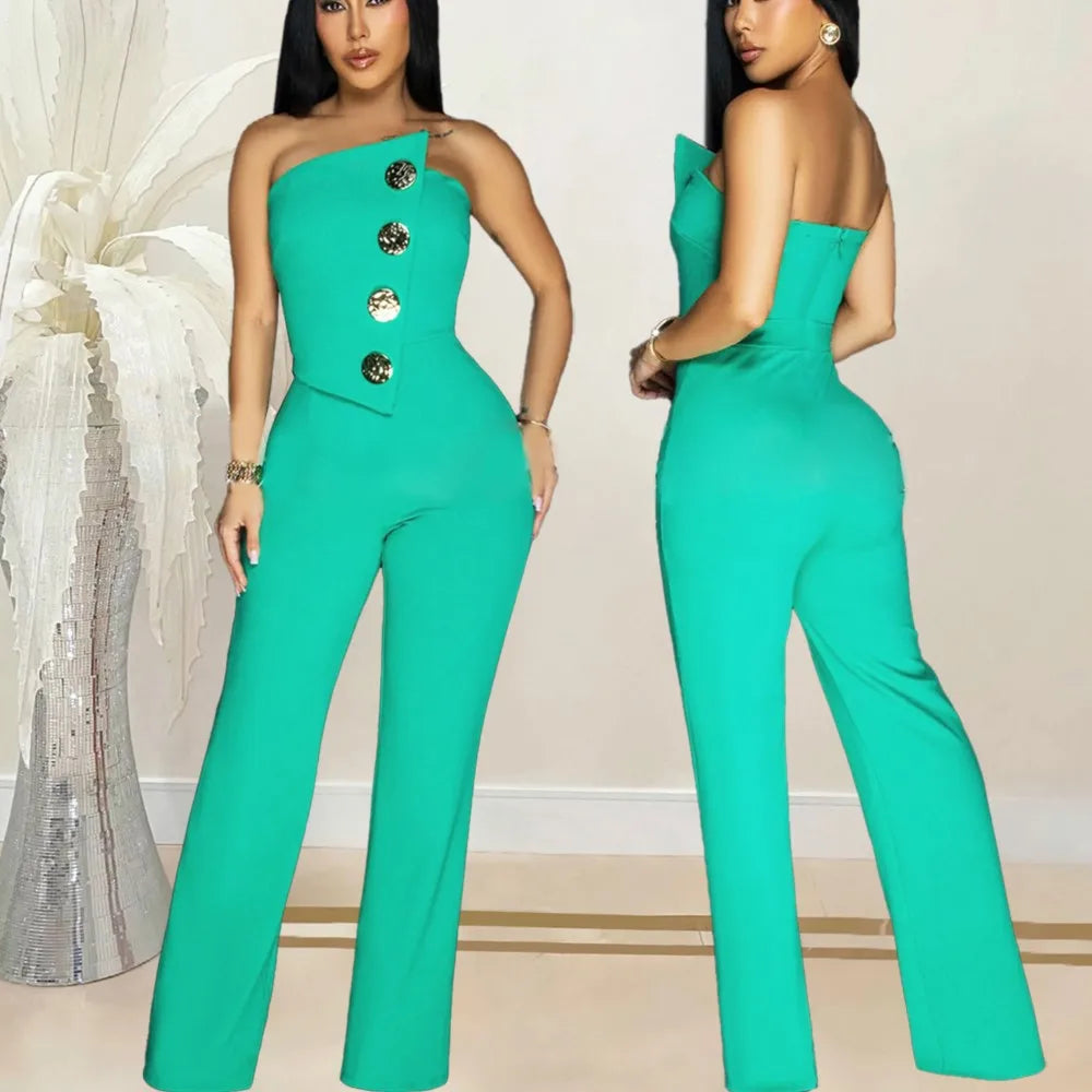 Sexy Backless Strapless Jumpsuit Summer Women Fashion Solid Button Sleeveless Slim Fit Wrap Hip Jumpsuits Elegant Office Romper