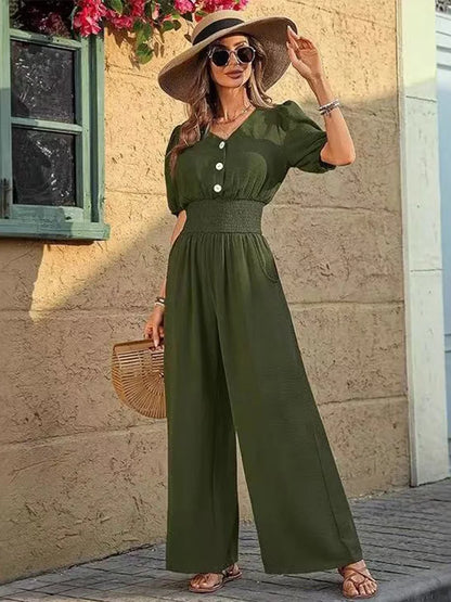 Women's V-Neck Waist Cinched Loose Fit Elegant Jumpsuit