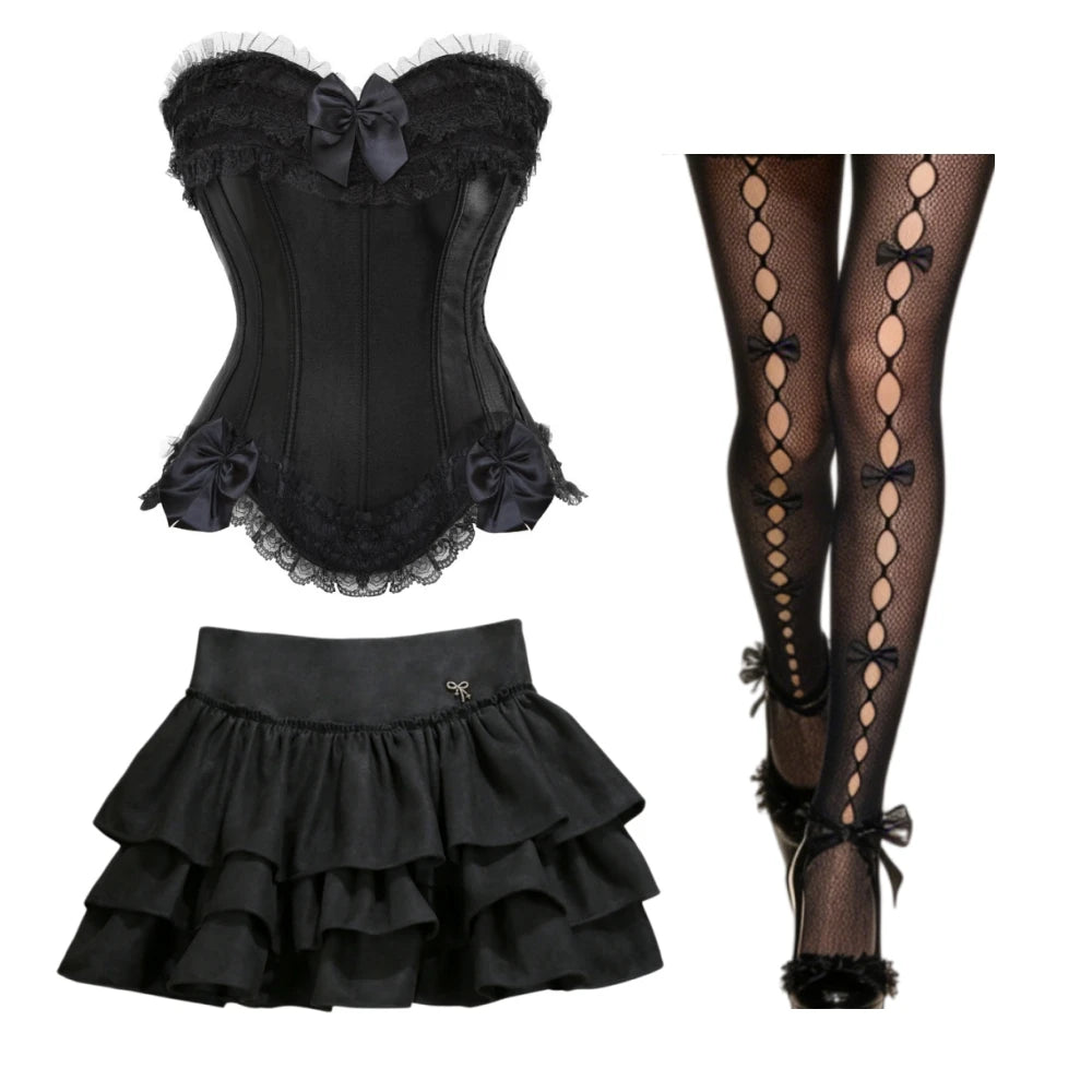 HLJ&GG Sexy Lace Splicing Corset Two Piece Sets Women Off Shoulder Sleevleess Top And Ruffle Mini Skirts Outfits Y2K Streetwear