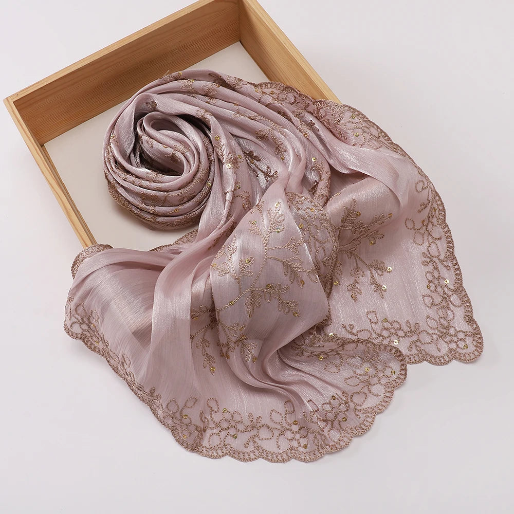 Luxury Sequin Floral Hijab Shimmer Shawl Glitter Shiny Headscarf Elegant Muslim Head Scarf for Wedding Soft Flowy Lace Edge