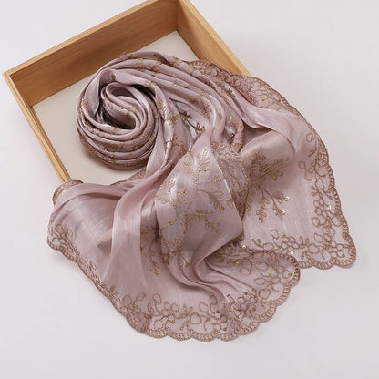 Luxury Sequin Floral Hijab Shimmer Shawl Glitter Shiny Headscarf Elegant Muslim Head Scarf for Wedding Soft Flowy Lace Edge