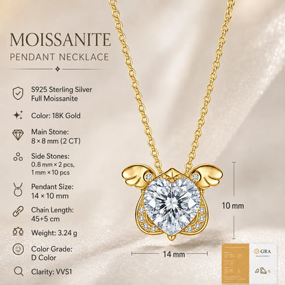 Moissanite Necklace 2CT Heart Stone S925 Sterling Silver Wing Pendant 45+5cm Chain for Women GRA Certified Moissanite