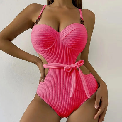 2026 Solid Color Wavy Fabric Bikini Set Cover Up Swimsuit For Women Push Up Ruffle One Pieces Swimwear Beach Bathing Suits