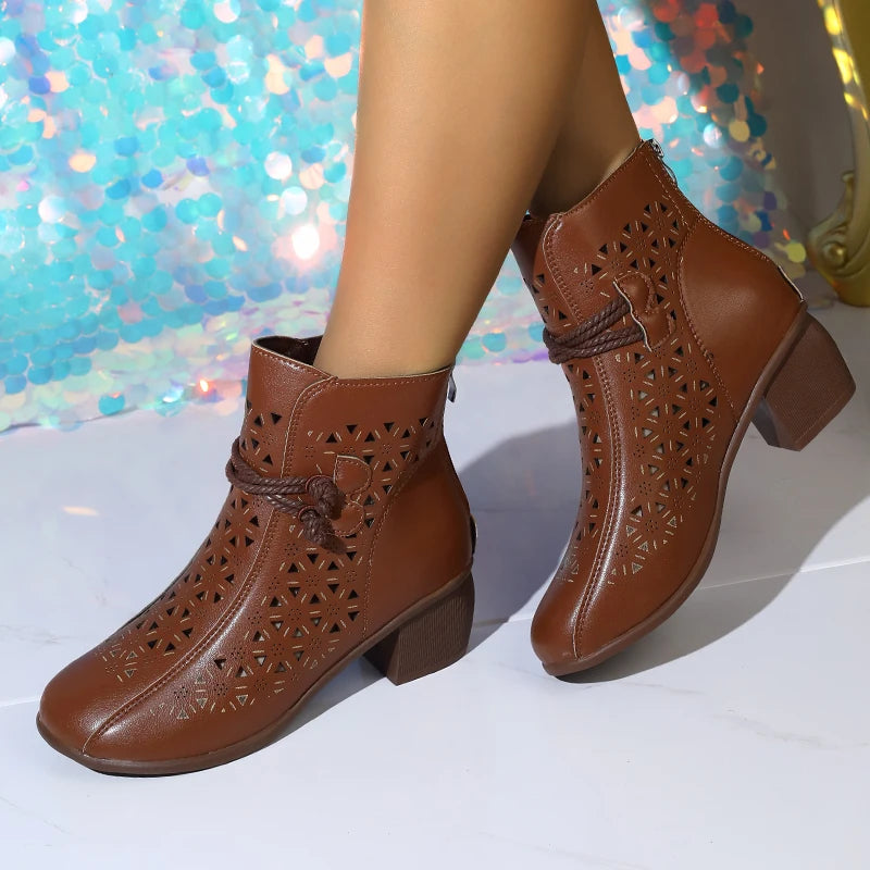 2025 Summer New Women's Fashion Hollow-Out Soft Sole Mid-Heel Ankle Boots, Retro Breathable Comfortable Shoes