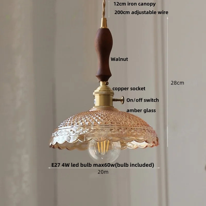 IWHD Home Decor LED Pendant Lights Kitchen Restaurant Copper Socket Flower Green Glass  Nordic Modern Walnut Wood Hanging Lamp