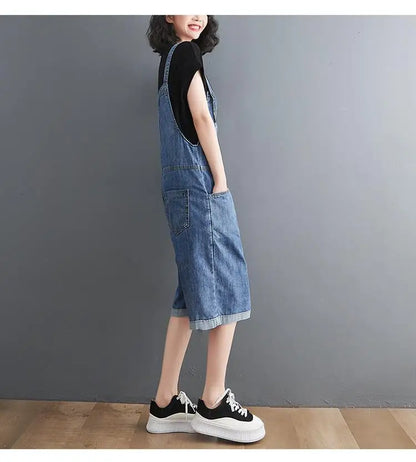 Summer Denim Straps Shorts Jeans Overalls Women Korean Wide Leg Jumpsuits Female Suspender Rompers Casual Conjoined Fifth Pants