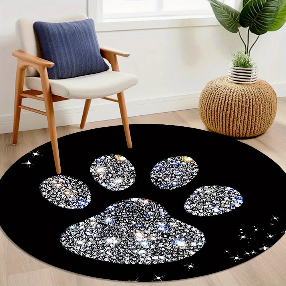 Cat Paw Print Carpet Black Round Mat With Sparkling Design Flannel Soft Floor Rug For Pet Lovers Home Decor Unique Style