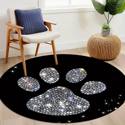 Cat Paw Print Carpet Black Round Mat With Sparkling Design Flannel Soft Floor Rug For Pet Lovers Home Decor Unique Style
