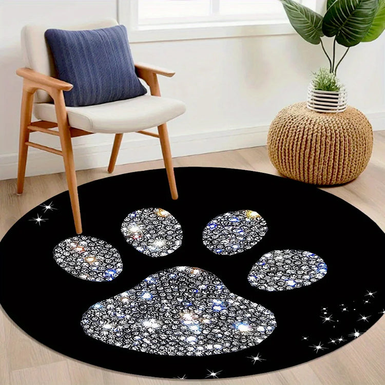 Cat Paw Print Carpet Black Round Mat With Sparkling Design Flannel Soft Floor Rug For Pet Lovers Home Decor Unique Style