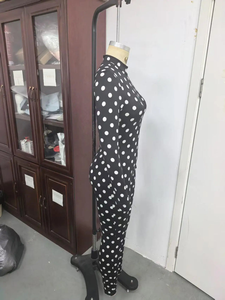 Sexy Women Polka Dot Bodycon Jumpsuit High Neck Long Sleeve Slim Fit One Piece Y2K Clubwear Party Outfit