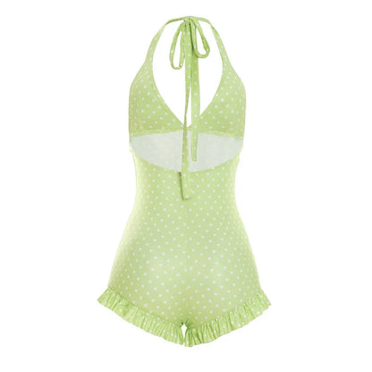 Polka Dot Print Playsuits Women Summer Bandage Halter Ruched Outfits Slim Backless Sleeveless V Neck Rompers Vacation Beach Gift