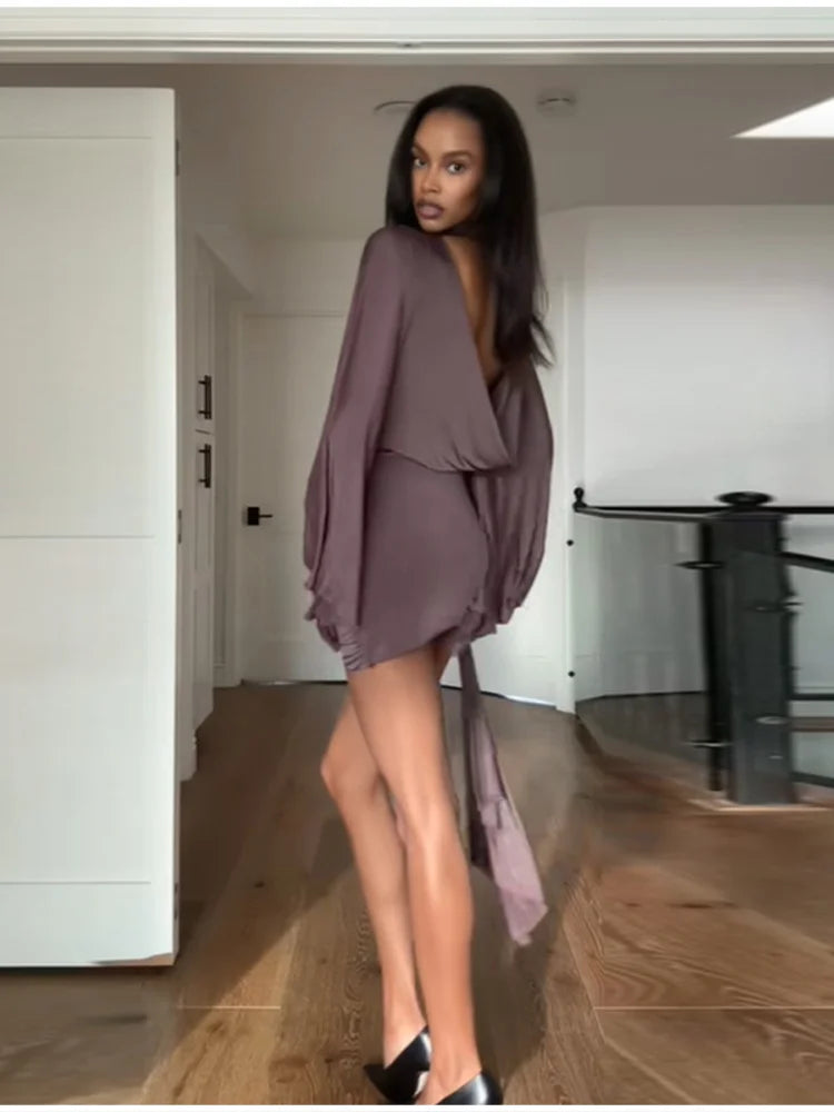 Draped Elegant Romper Batwing Sleeve Ruched Waist Tie Women Dresses Parties Date Nights Stylish Modest Female Evening Wear