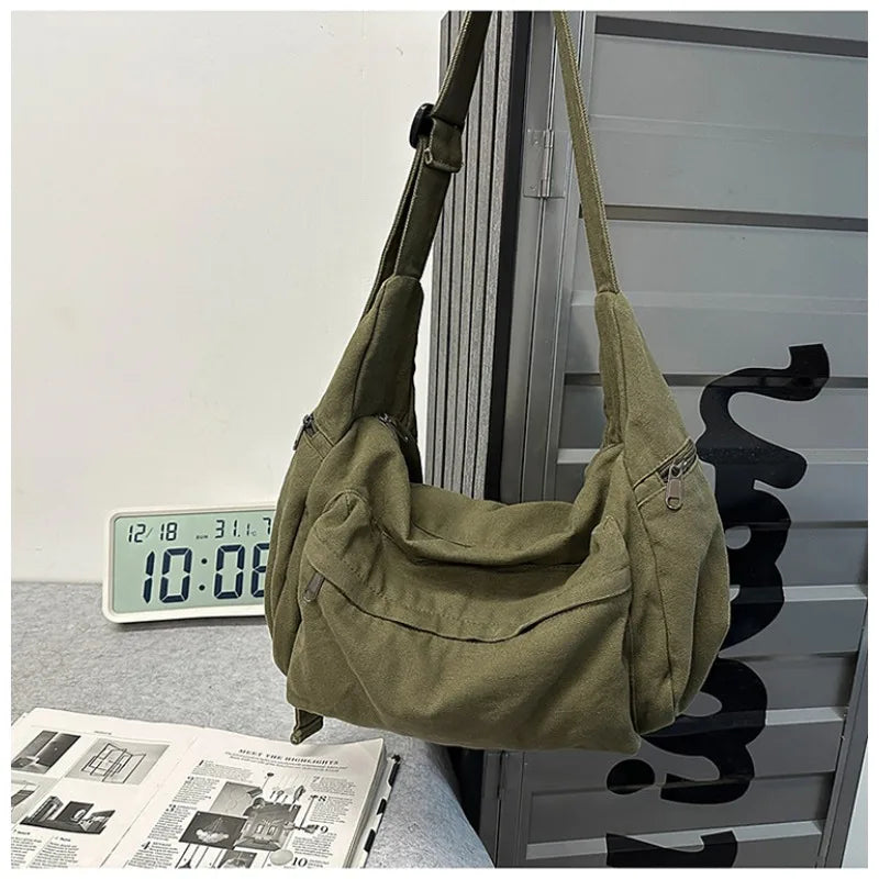 100% Cotton Shoulder Bags Women Large Capacity Canvas Tooling Packages Korea Style Cloth Crossbody Bags Solid Messenger Bags