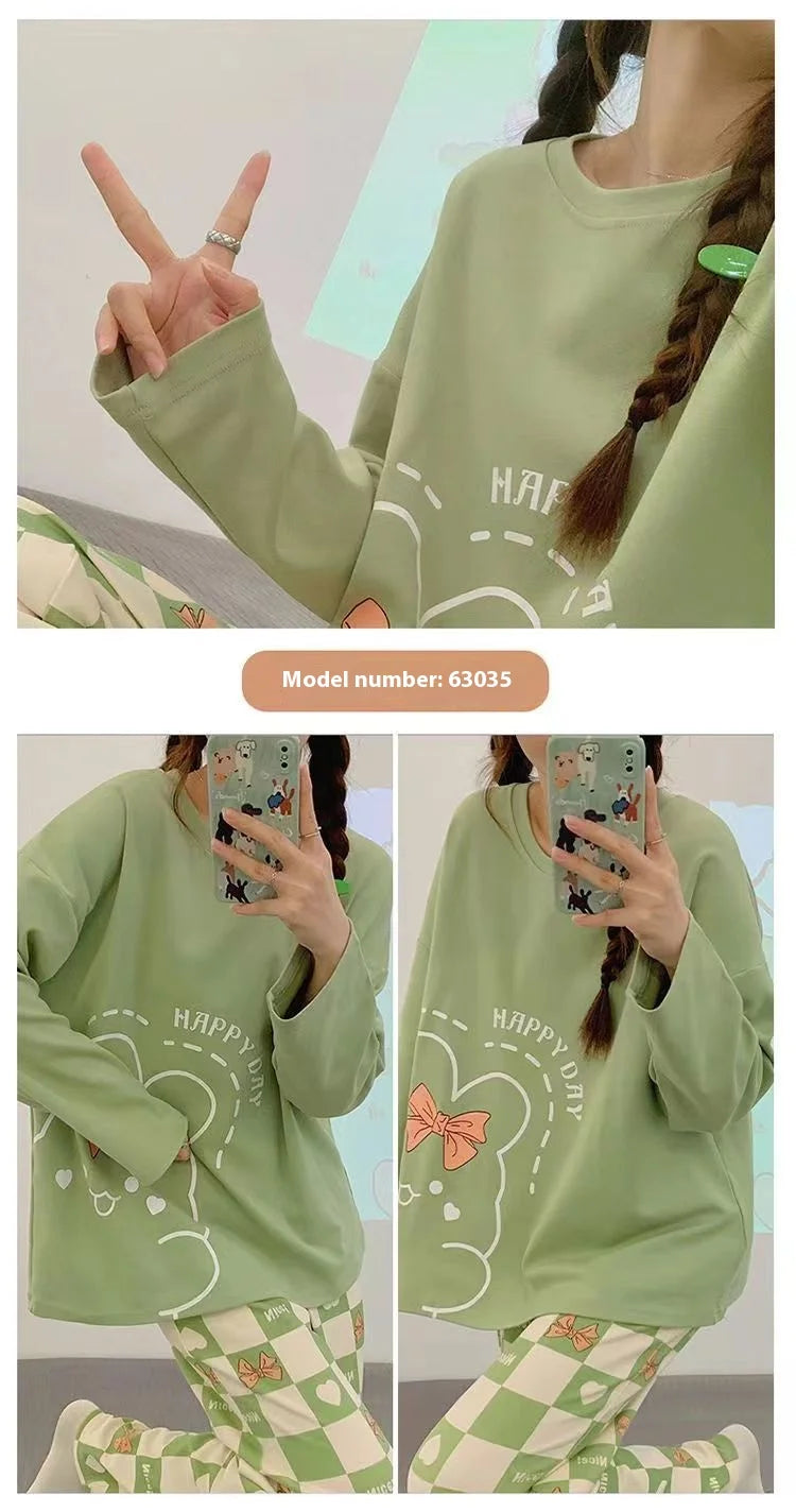 Spring and Autumn New Women's Pajamas Homewear Suit Girls Thin Section Long-Sleeved Students Big Yards Cartoon Loose Pajamas