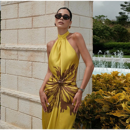 2026 Summer Printed Halter Maxi Dress Women Sleeveless Pleated Chic Satin Long Dresses Fashion Vacation Beach Party Lady Robe