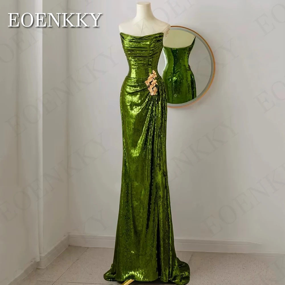 EOENKKY Glitter Mermaid Sequin Evening Dress Green Sexy Strapless Slit Special Occasion Dresses Women Customized платье вечернее