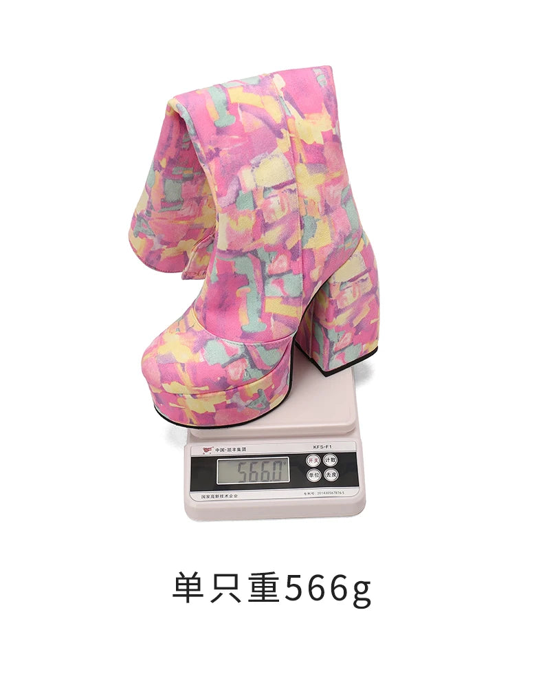 Super Waterproof Platform Strange Chunky Heel Graffiti Women's Boots Plush Inner Zipper Flock Material Knee Boots Plus Size