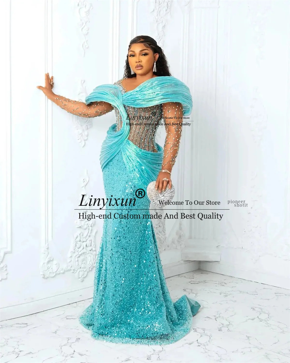 Customized Blue African Prom Dresses Plus Size 3D Pleated Off the Shoulder Evening Gowns Aso Ebi Style Wedding Reception Dress