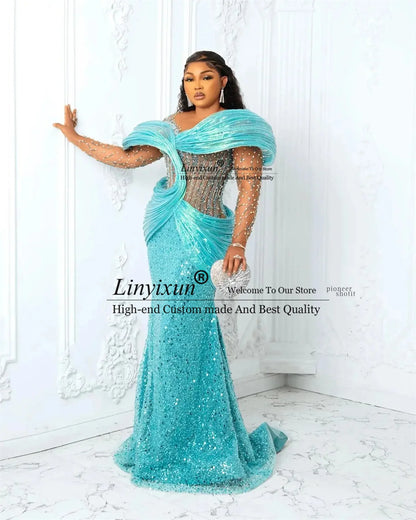 Customized Blue African Prom Dresses Plus Size 3D Pleated Off the Shoulder Evening Gowns Aso Ebi Style Wedding Reception Dress