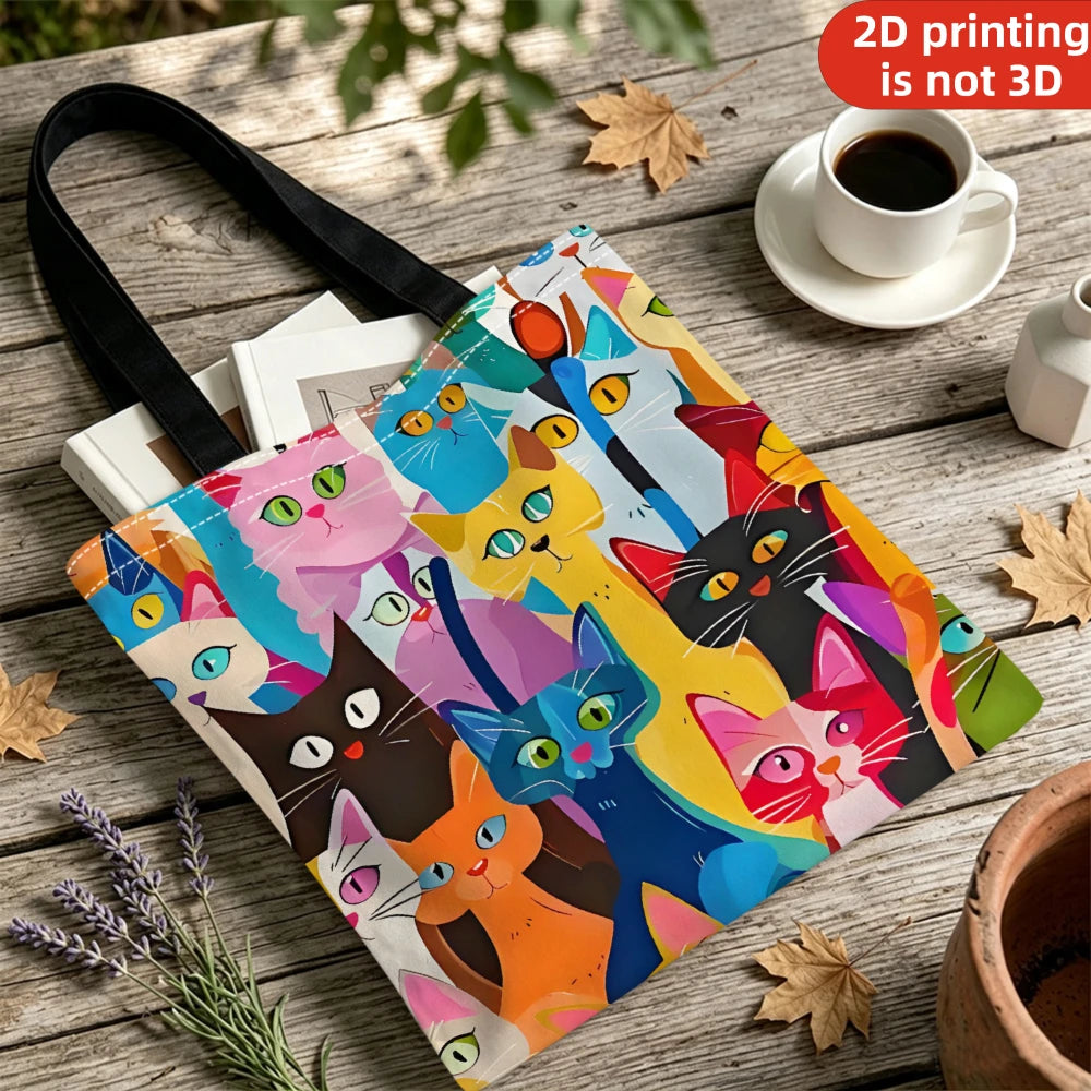 Colorful Kitten Printed Casual Handbag, Reusable Fashionable Backpack, Multifunctional Handbag, Printed Shopping Bag 40x40cm