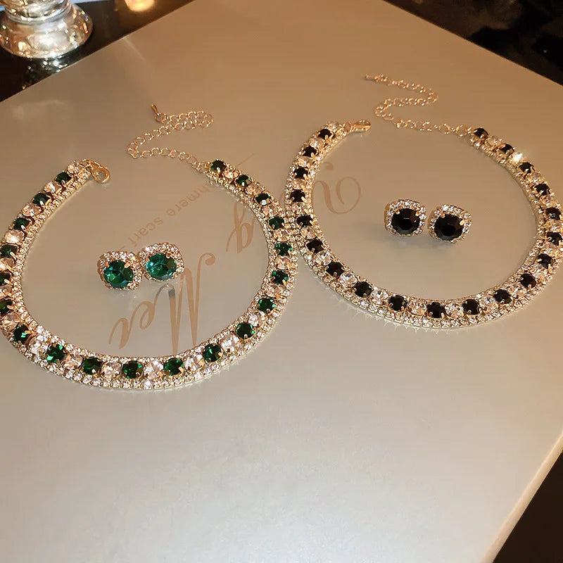 FYUAN Luxury Crystal Necklace Earrings Set Pink ABcolourful Necklace for Women Weddings Party Jewelry Sets Accessories