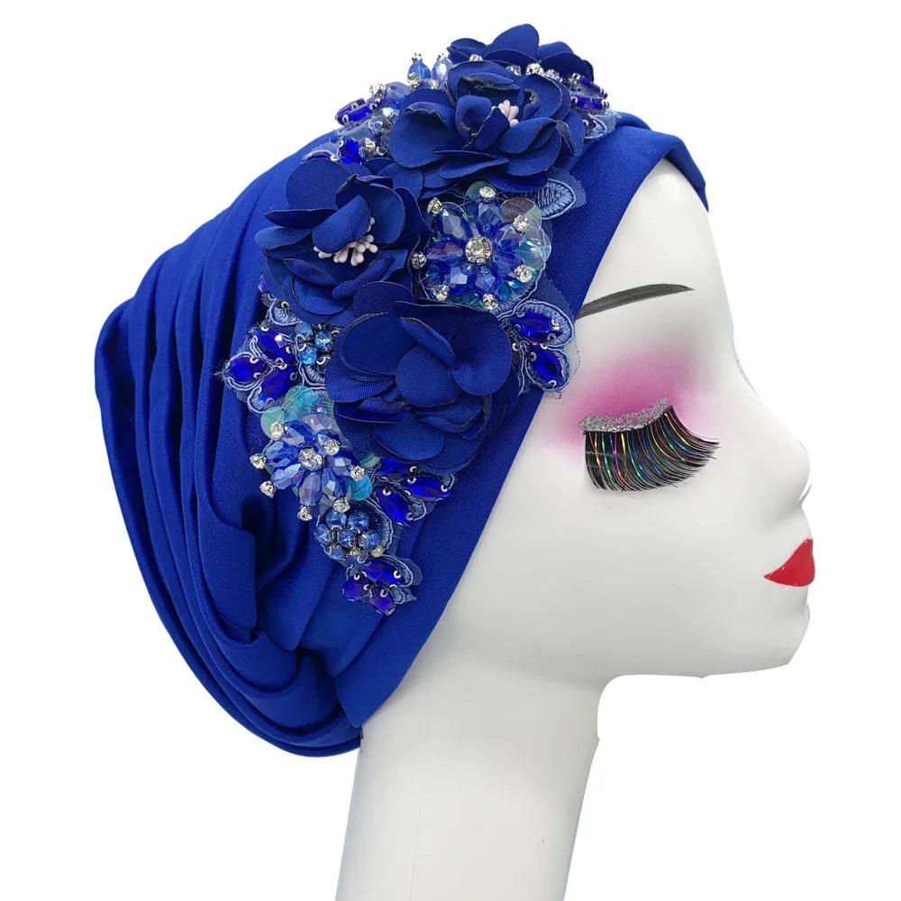 Elegant Flower Diamonds Women's Turban Cap African Party Headwear Hat Lady Head Wraps Muslim Headscarf Hats Turbante Mujer