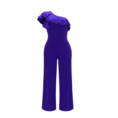 Casual Women's Solid Color Jumpsuits Summer Oblique Collar Black Ears High Waist Wide-leg Pants Fashionable Summer Jumpsuits
