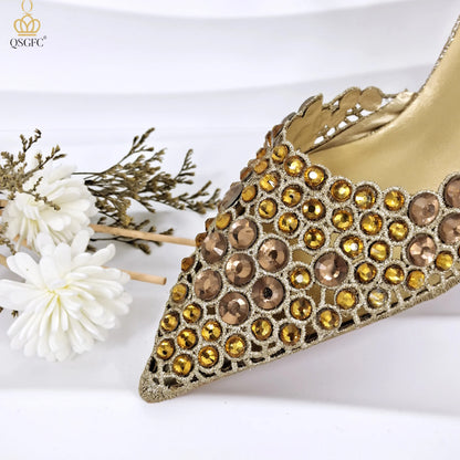 Party Style African Women's Shoes Bags Rhinestone Embellished Pointed Toe Cutout Heels Square Clutch Bag