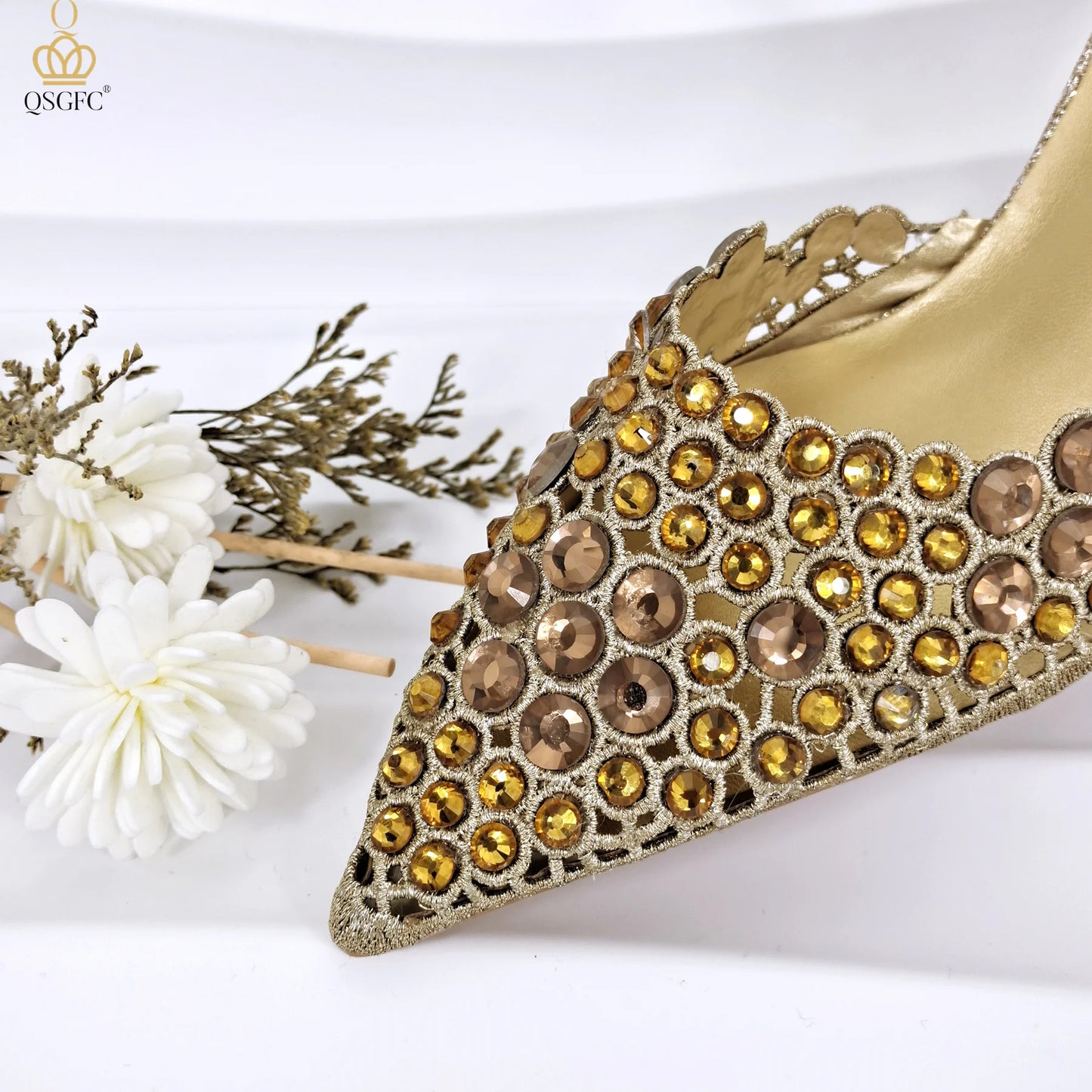 Party Style African Women's Shoes Bags Rhinestone Embellished Pointed Toe Cutout Heels Square Clutch Bag