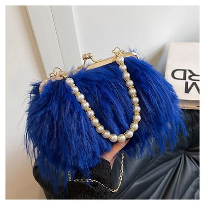 Beading Chain Women's Evening Plush Handbags Faux Fur Tassel Ladies Shoulder Bag Elegant Female Crossbody Bags Party Furry Purse