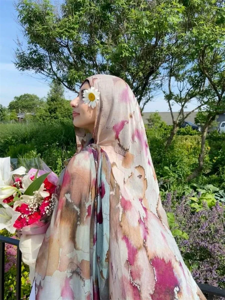 1Pcs Watercolor Print Lady Hijab Women Bohemian Soft Islam Ramadan Muslim Hijabs Foulard Femme Shawl Wrap Scarf Headscarf