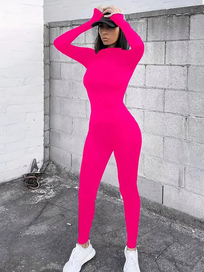 solid black/gray long sleeve skiing jumpsuit women elastic hight outfit fashion fitness sportwear slim rompers streetwear